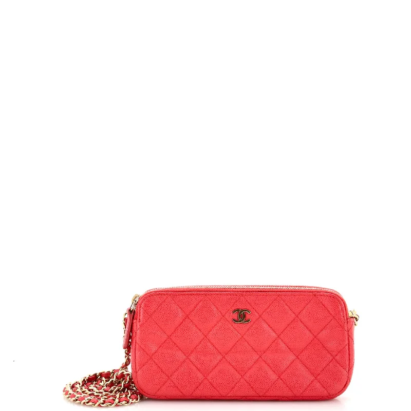 Double Zip Clutch with Chain Quilted Caviar