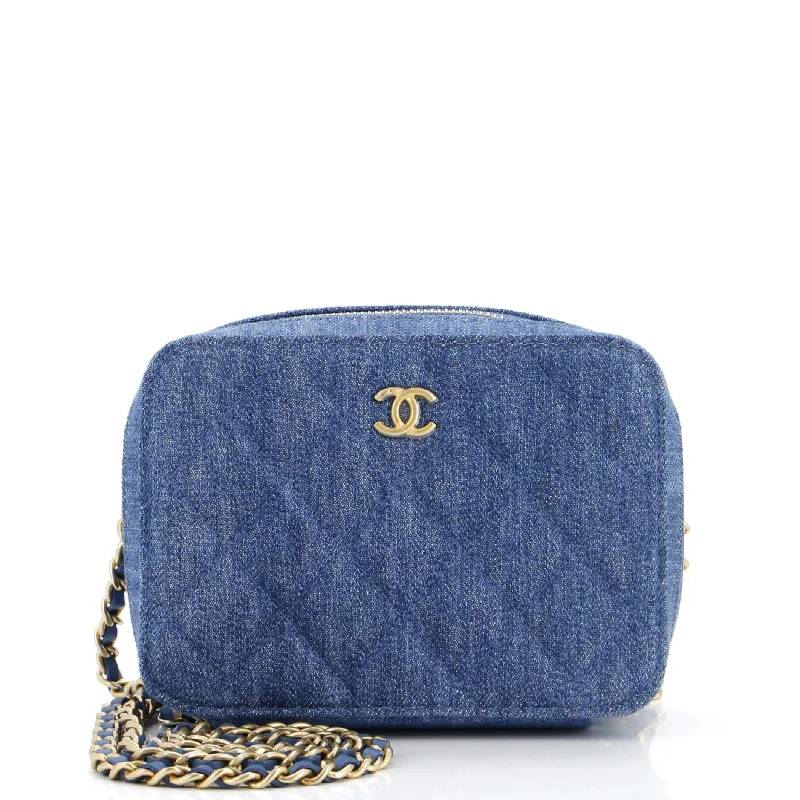 Pearl Crush Zip Around Vanity Case with Chain Quilted Denim Mini