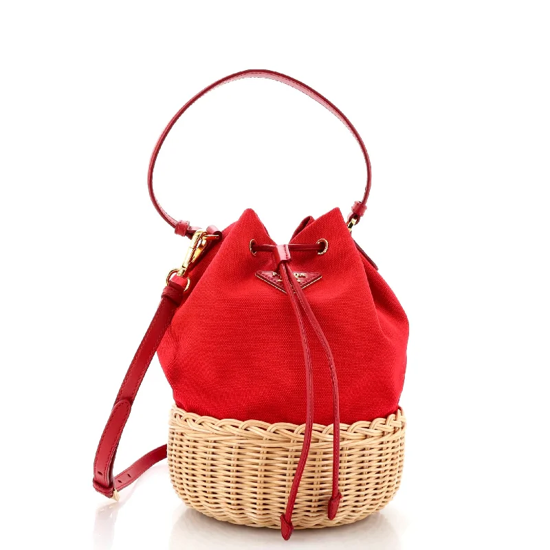 Drawstring Bucket Bag Printed Canvas and Wicker Small