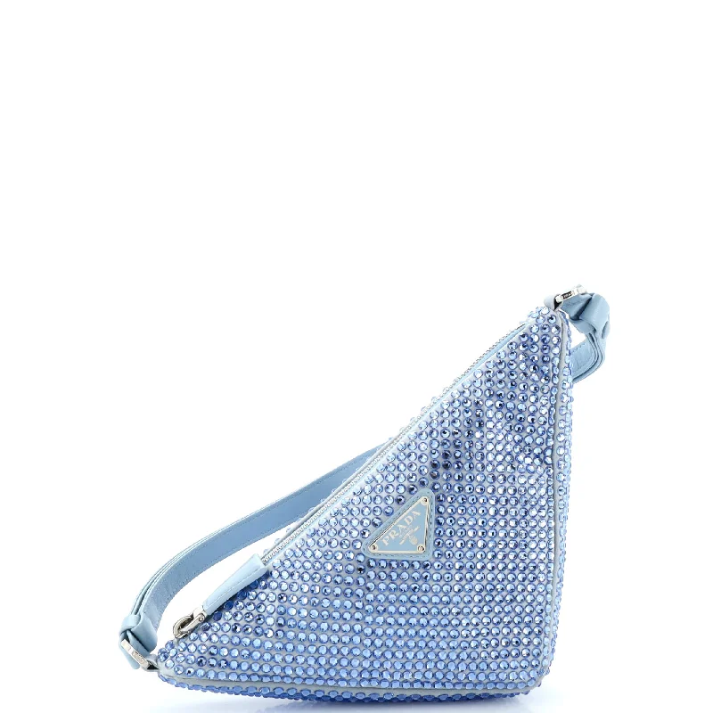 Triangle Top Handle Pouch Bag Crystal Embellished Satin Mini