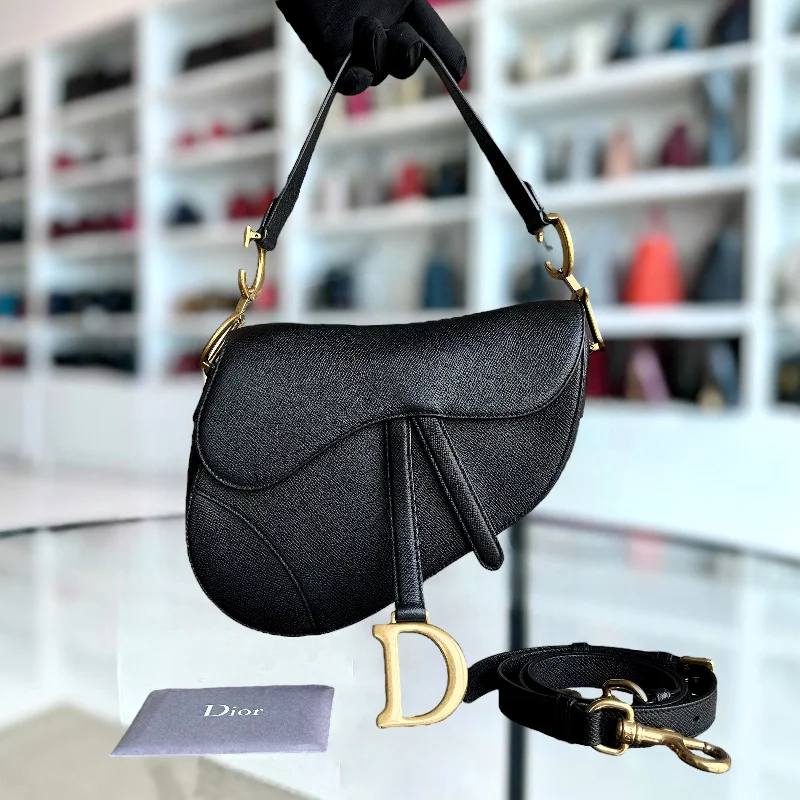 Christian Dior bags with a detachable coin purse inside*New Version with Strap* Dior Saddle Medium Grained Calfskin Black Golden Hardware