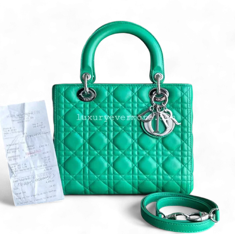 Christian Dior Saddle bags with a studded trim for a bold look*Receipt* Lady Small Cannage Lambskin Green Silver Hardware